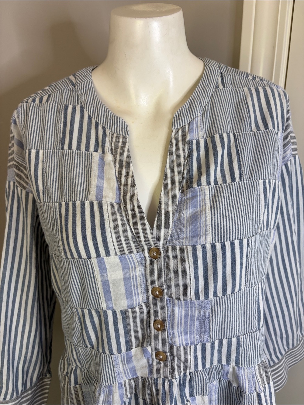 Anthropologie Maeve Stripe Patchwork Swing Shirt Henley Zoe Linen Top Blue Sz S - Picture 5 of 14